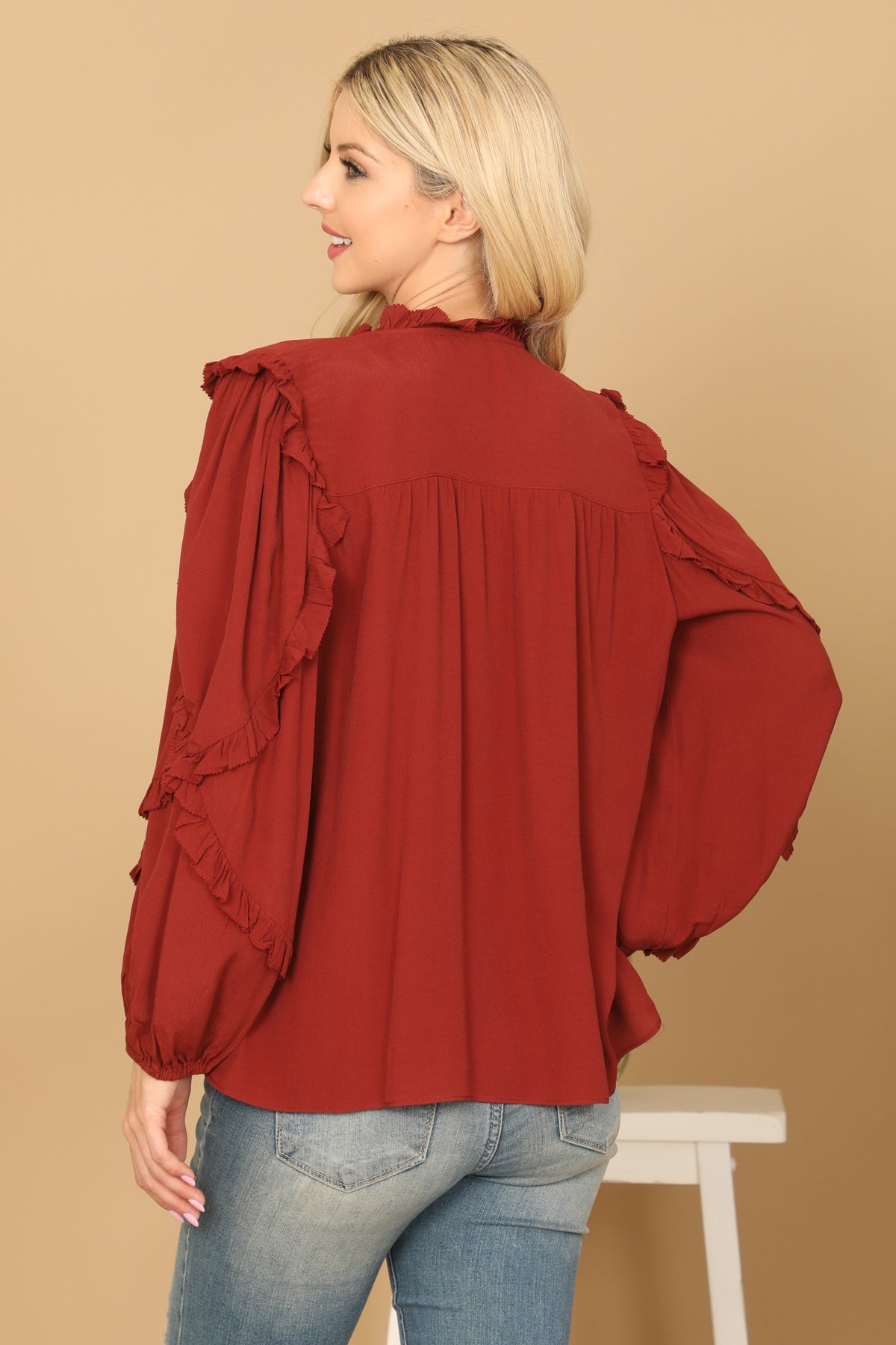 KEYHOLE NECK TASSEL TIE RUFFLE DETAIL PUFF SLEEVE TOP 2-2-1