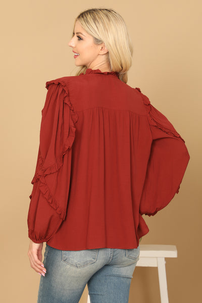 KEYHOLE NECK TASSEL TIE RUFFLE DETAIL PUFF SLEEVE TOP 2-2-1