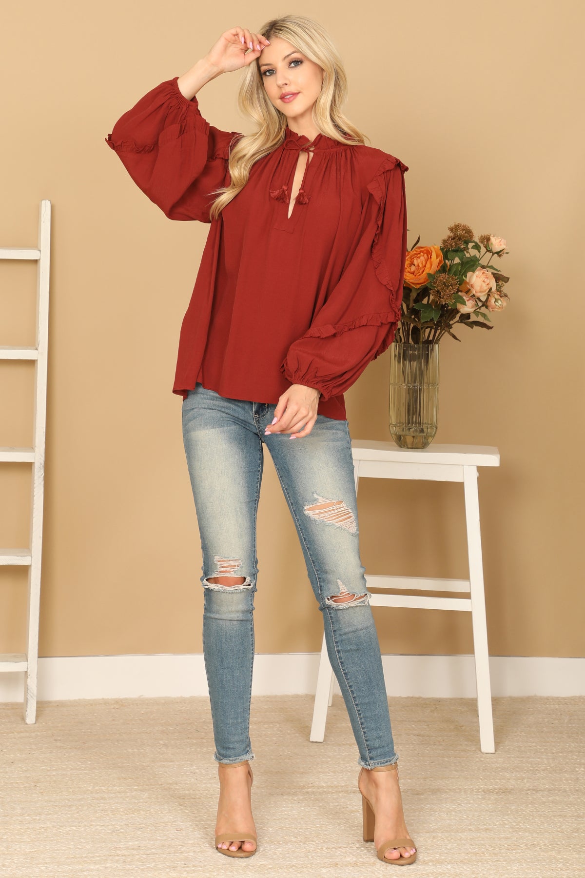 KEYHOLE NECK TASSEL TIE RUFFLE DETAIL PUFF SLEEVE TOP 2-2-1