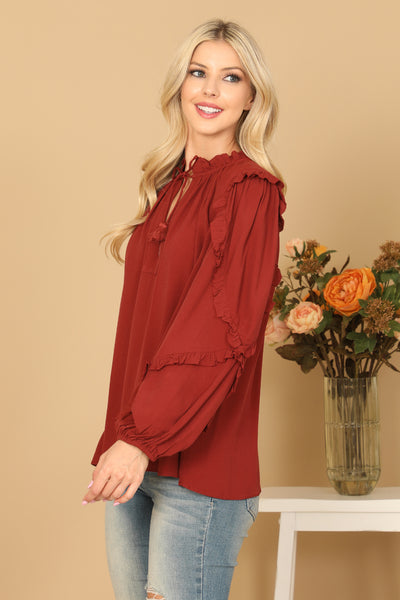 KEYHOLE NECK TASSEL TIE RUFFLE DETAIL PUFF SLEEVE TOP 2-2-1