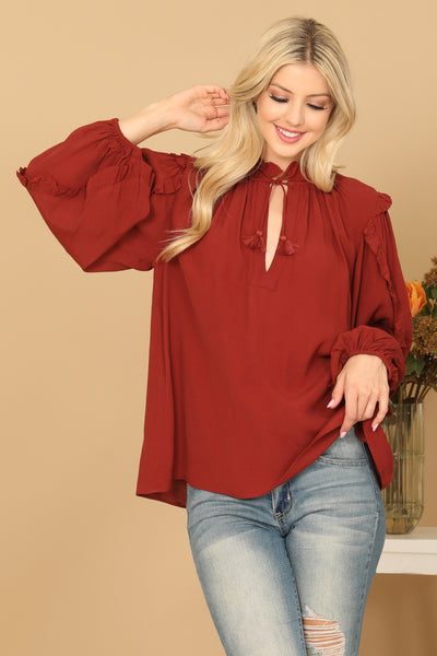 KEYHOLE NECK TASSEL TIE RUFFLE DETAIL PUFF SLEEVE TOP 2-2-1