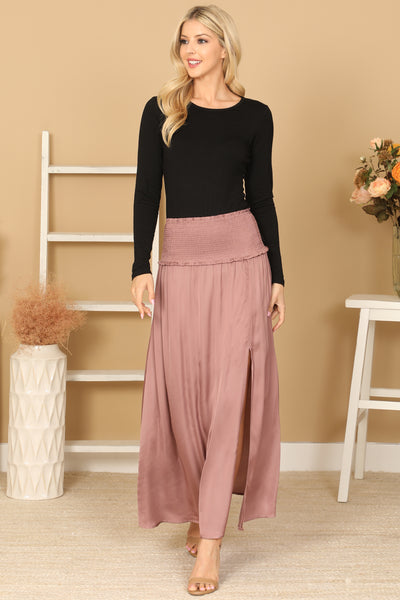 SHIRRED WAIST DOUBLE THIGH SPLIT SATINY SKIRT 2-2-1