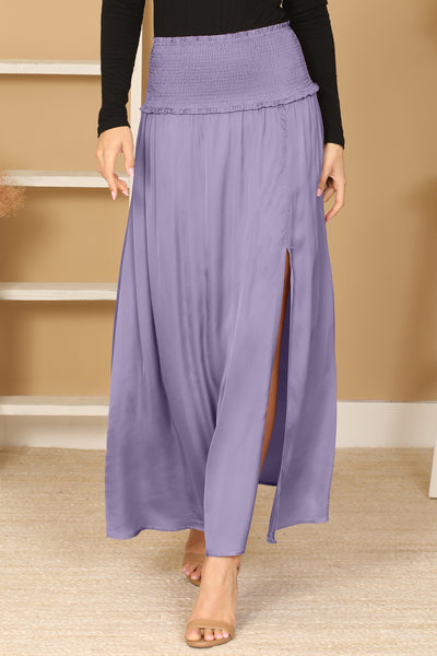 SHIRRED WAIST DOUBLE THIGH SPLIT SATINY SKIRT 2-2-1