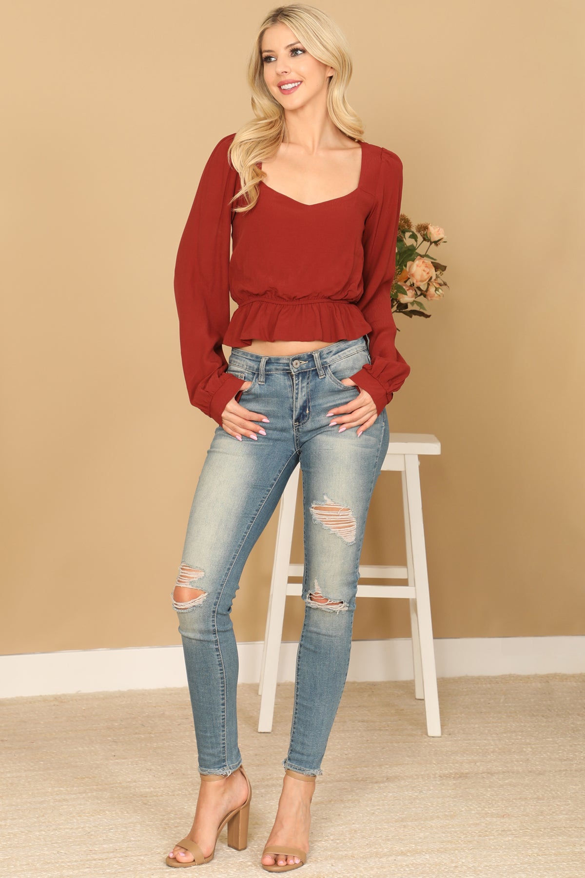 PUFF SLEEVE ELASTIC RUFFLE WAIST CROP TOP 2-2-1