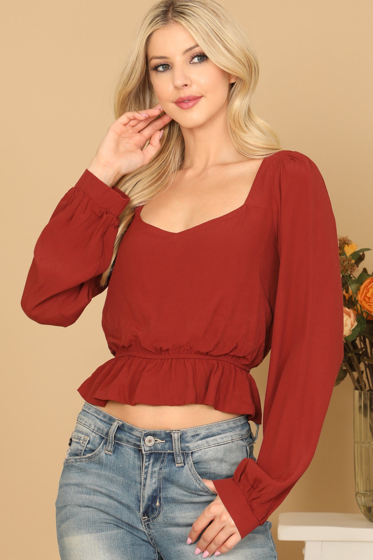 PUFF SLEEVE ELASTIC RUFFLE WAIST CROP TOP 2-2-1