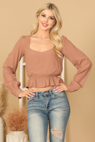 PUFF SLEEVE ELASTIC RUFFLE WAIST CROP TOP 2-2-1