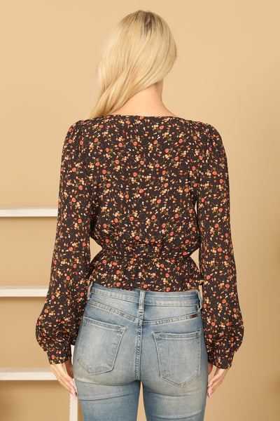 BLACK RUST PUFF SLEEVE ELASTIC RUFFLE WAIST FLORAL CROP TOP 2-2-1