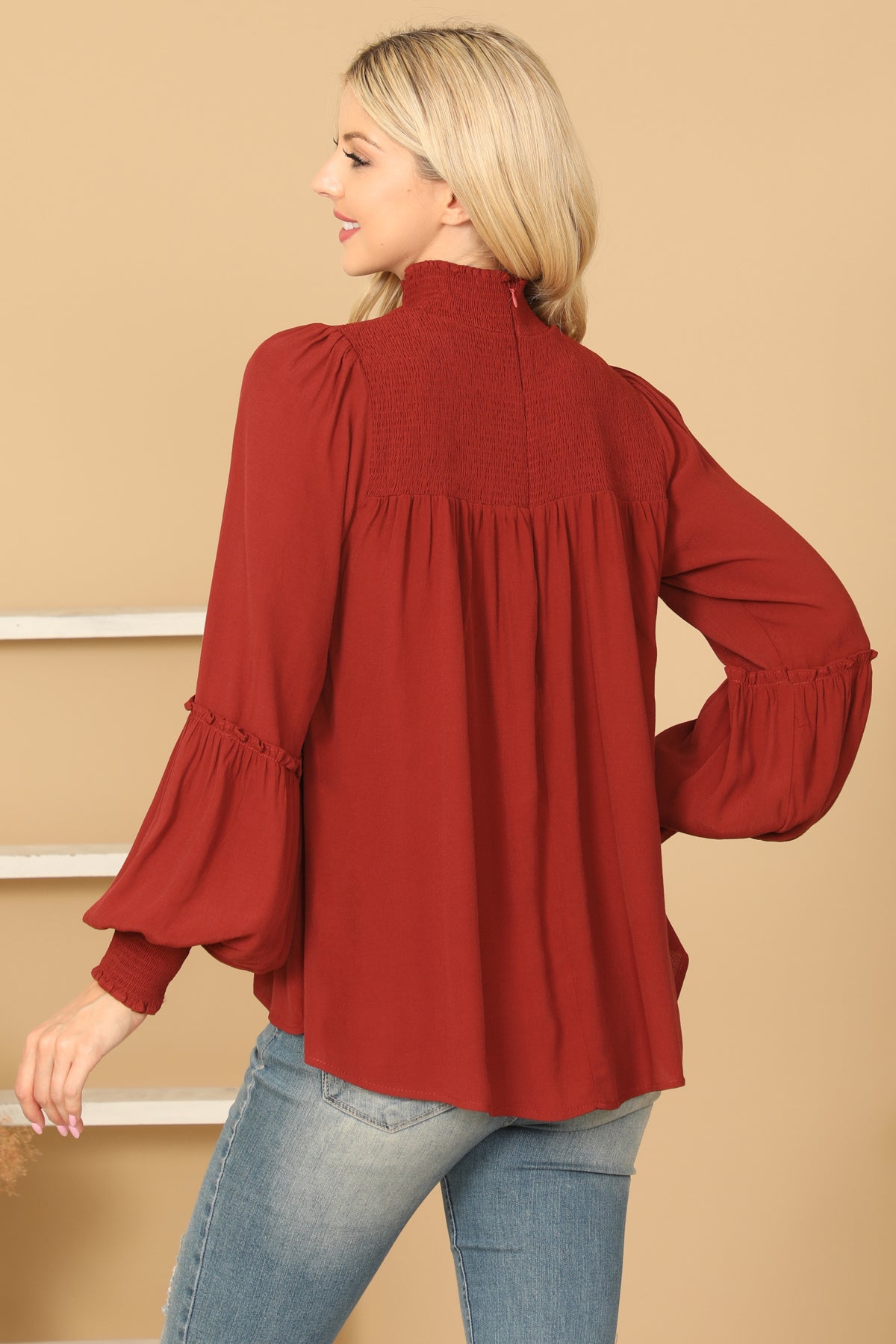 SHIRRED HIGH NECK PUFF SLEEVE SOLID TOP 2-2-1