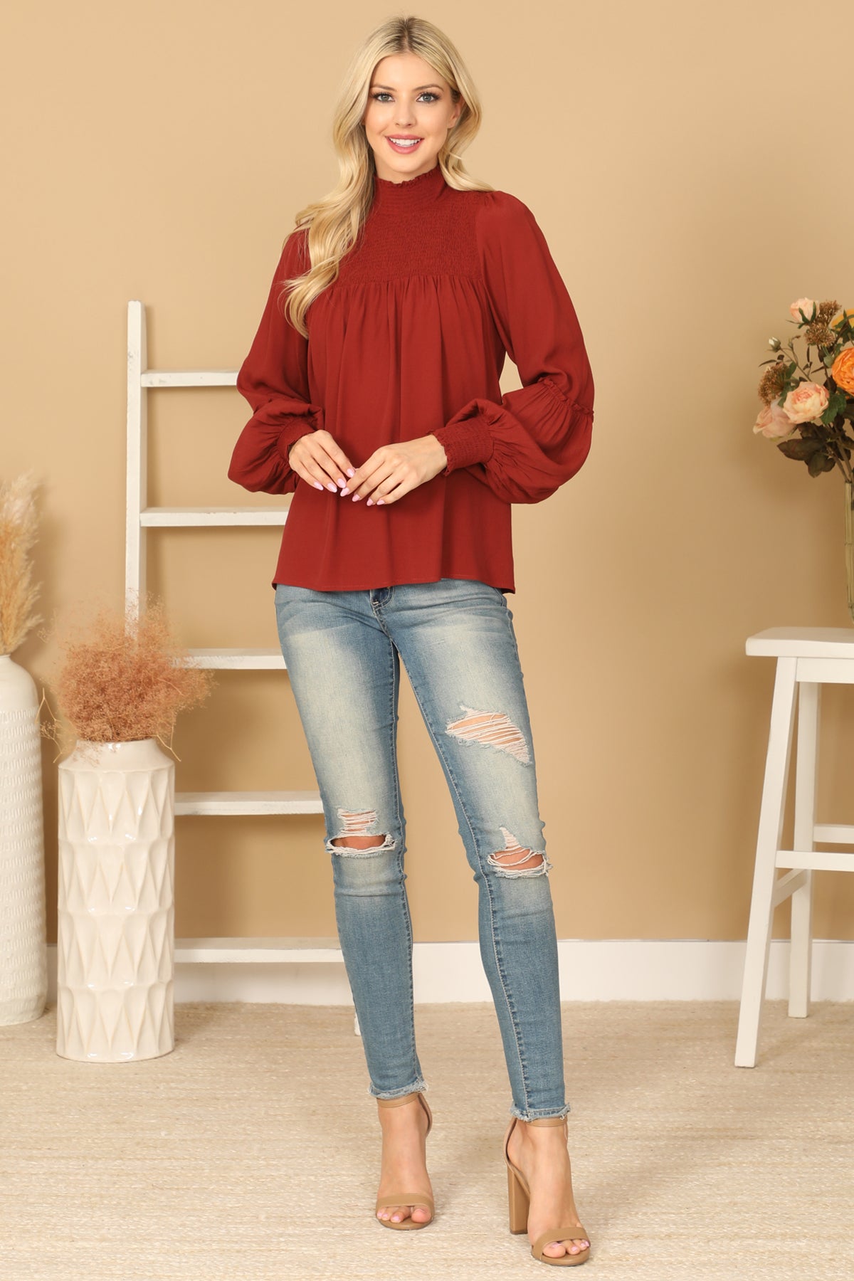 SHIRRED HIGH NECK PUFF SLEEVE SOLID TOP 2-2-1