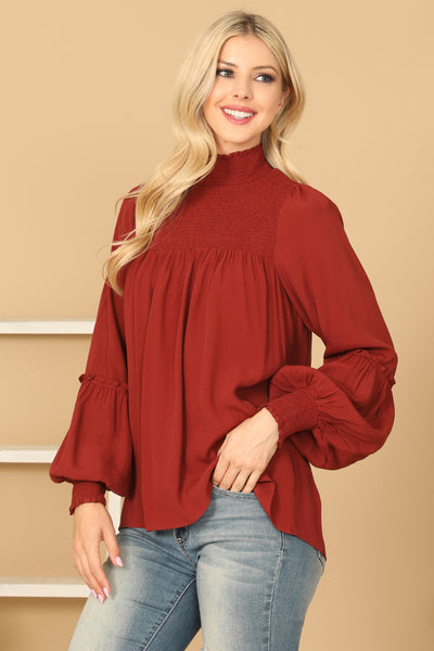 SHIRRED HIGH NECK PUFF SLEEVE SOLID TOP 2-2-1