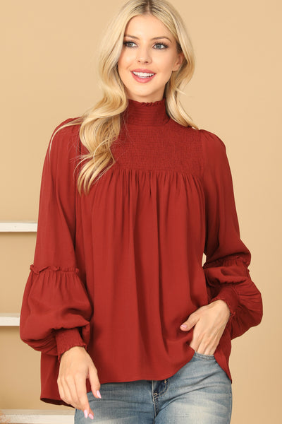 SHIRRED HIGH NECK PUFF SLEEVE SOLID TOP 2-2-1