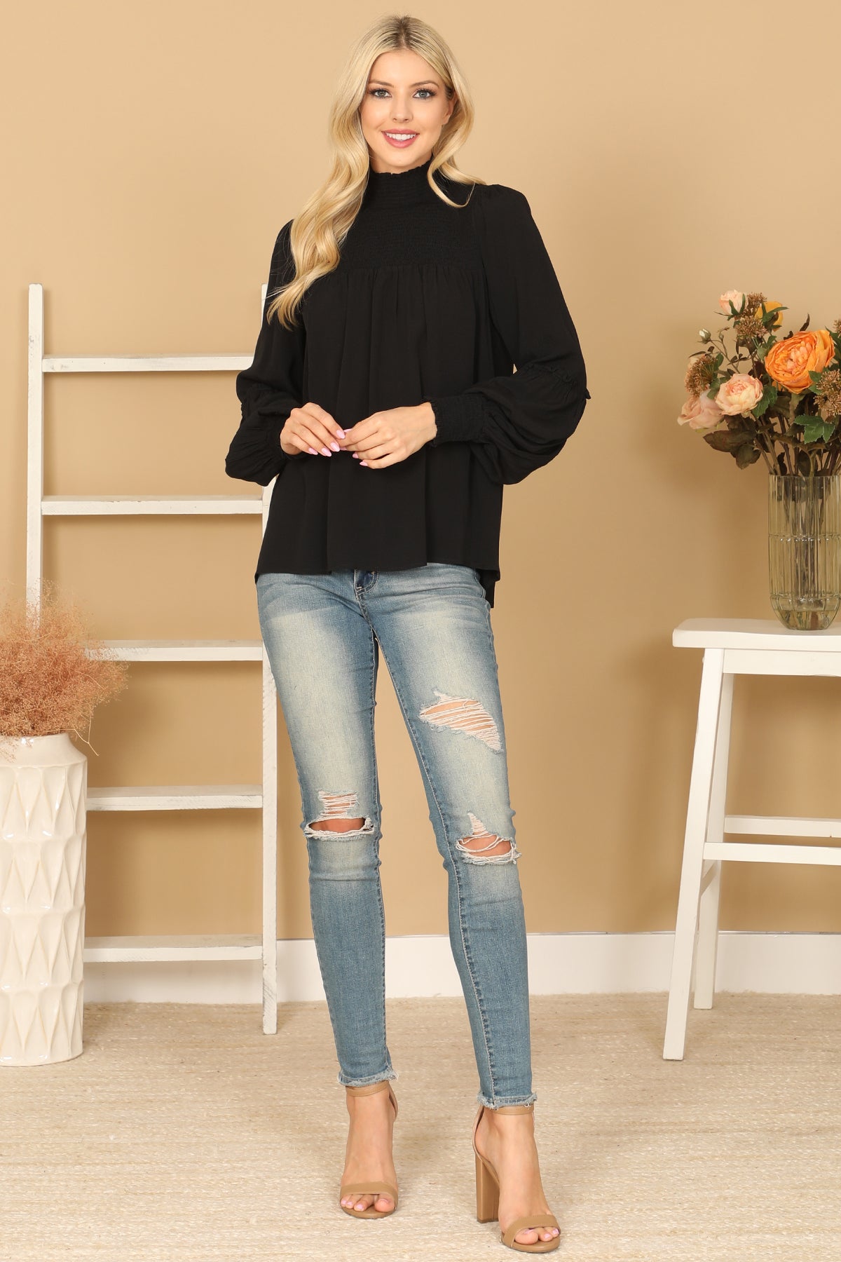 SHIRRED HIGH NECK PUFF SLEEVE SOLID TOP 2-2-1