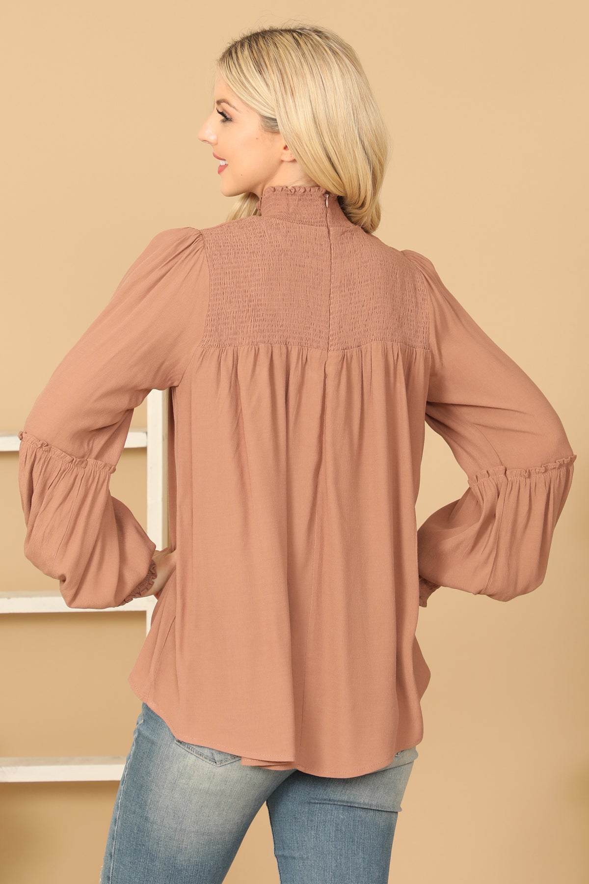 SHIRRED HIGH NECK PUFF SLEEVE SOLID TOP 2-2-1