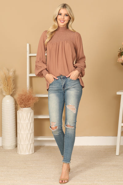 SHIRRED HIGH NECK PUFF SLEEVE SOLID TOP 2-2-1