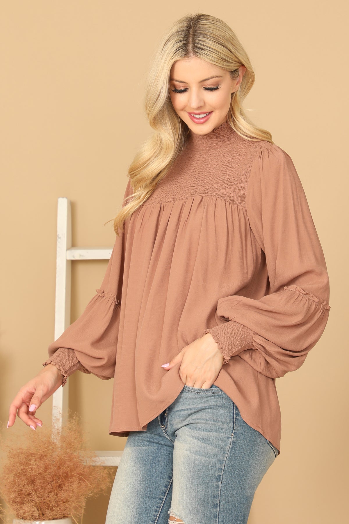 SHIRRED HIGH NECK PUFF SLEEVE SOLID TOP 2-2-1