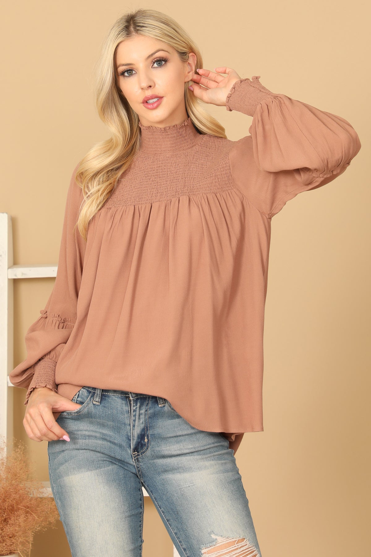 SHIRRED HIGH NECK PUFF SLEEVE SOLID TOP 2-2-1