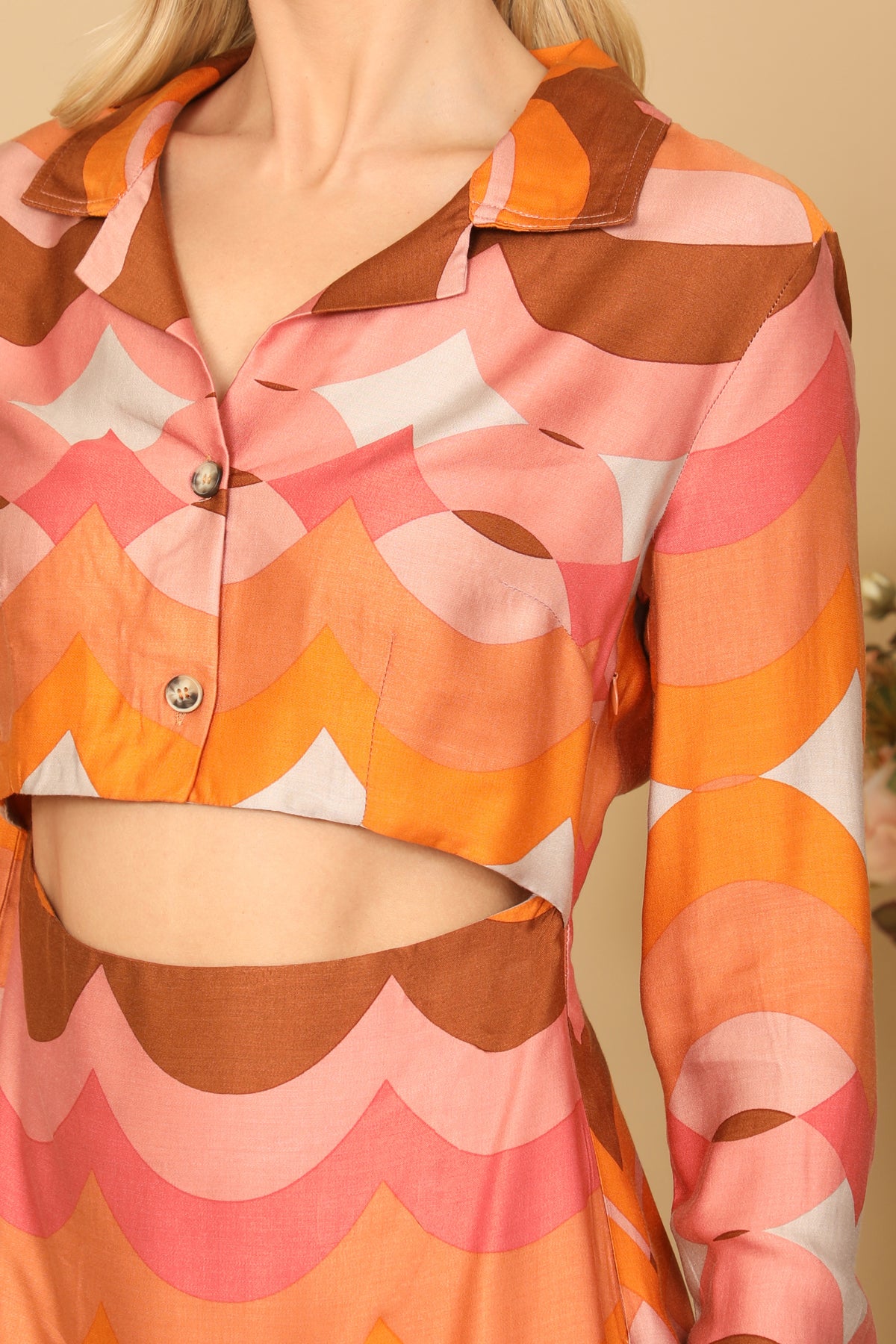 ORANGE PINK FRONT CUT-OUT SCALLOP PRINT DRESS 2-2-1