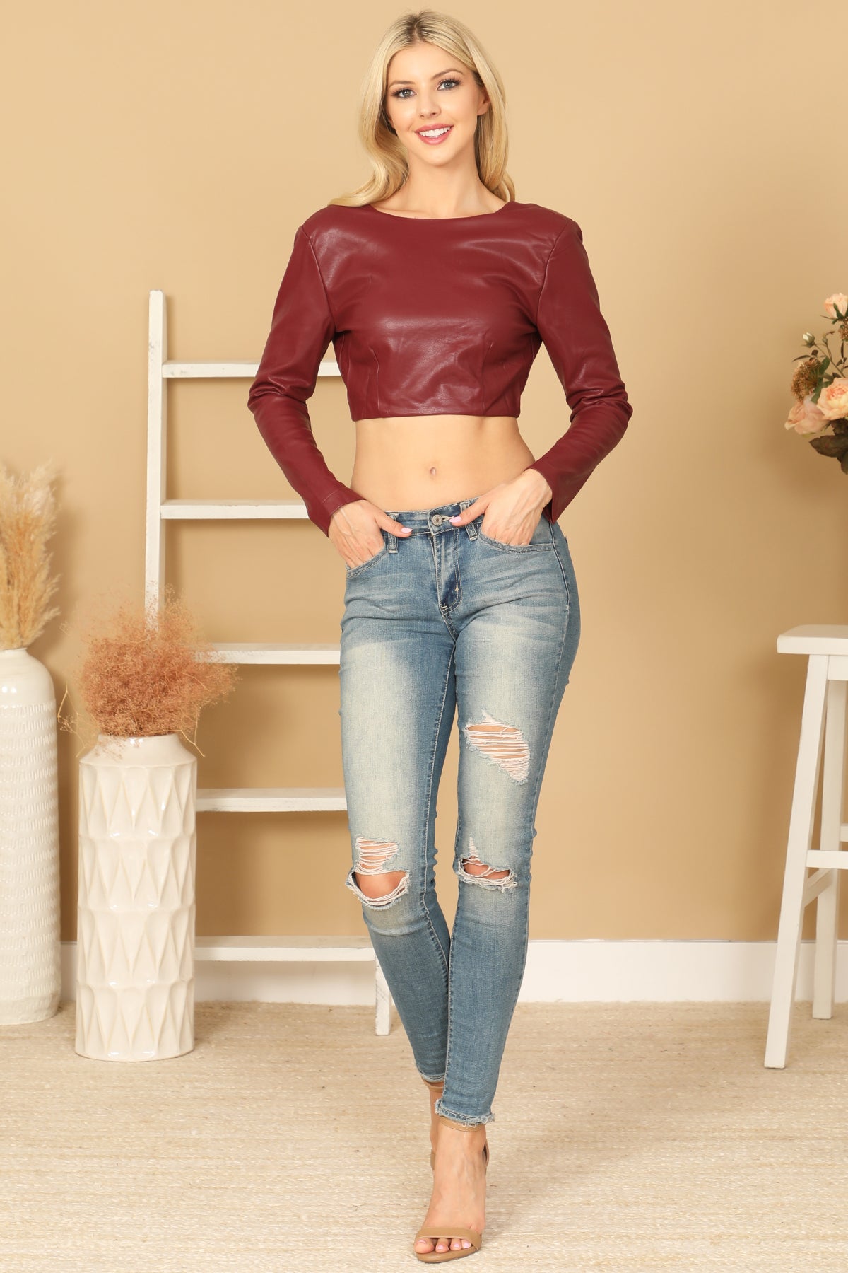 BERRY LONG SLEEVE LEATHER CROP TOP 2-2-1