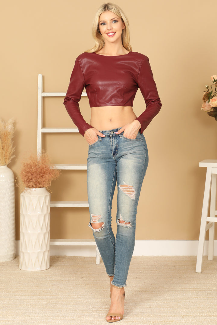 BERRY LONG SLEEVE LEATHER CROP TOP 2-2-1 – MYS Wholesale