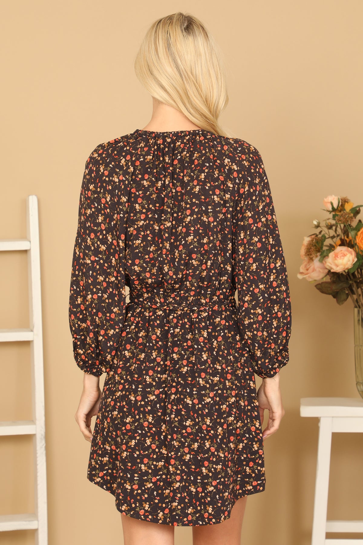 BLACK RUST NOTCH NECK WAIST TIE FLORAL DRESS 2-2-1