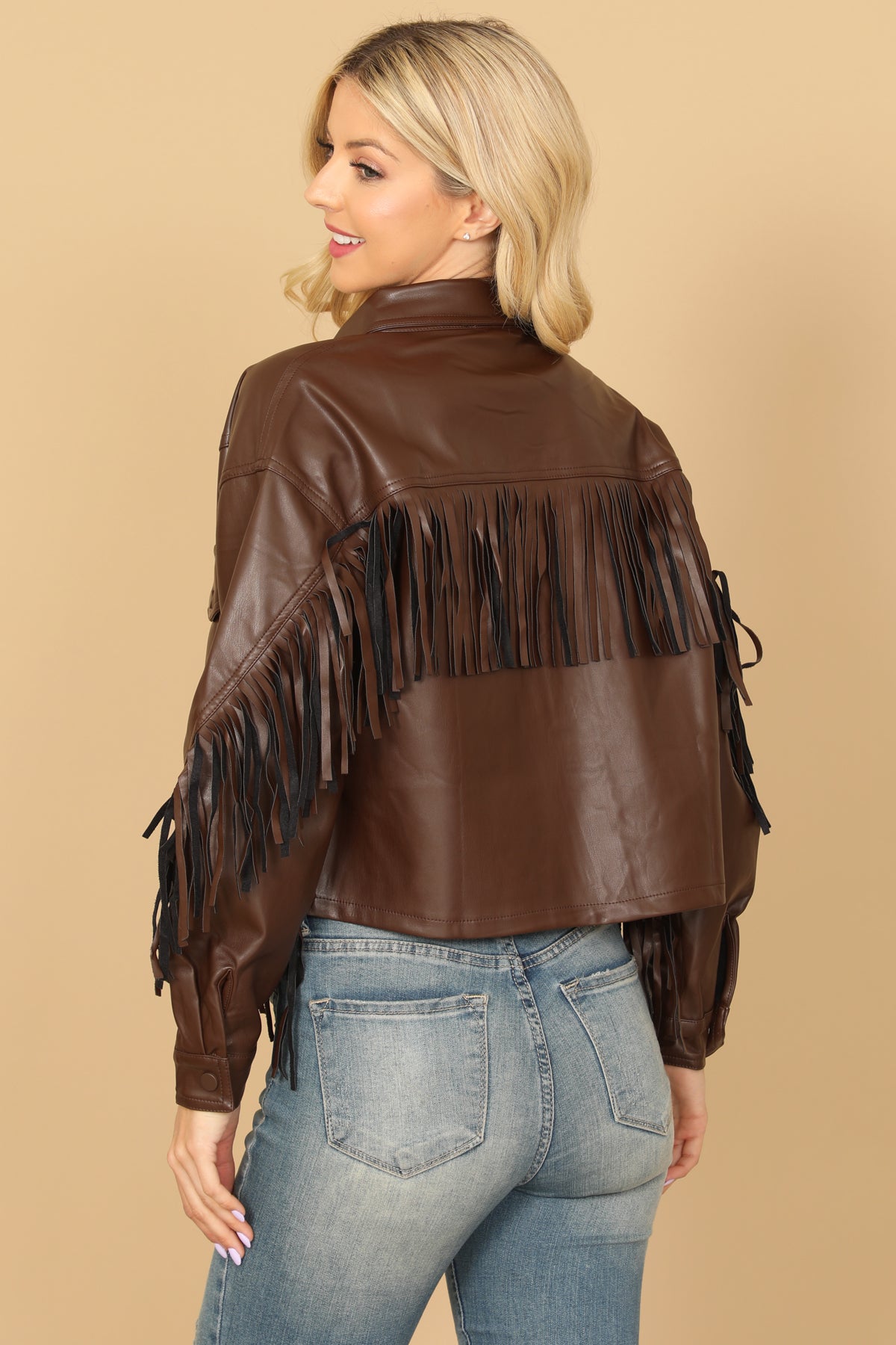 BROWN LEATHER TASSEL JACKET 2-2-1