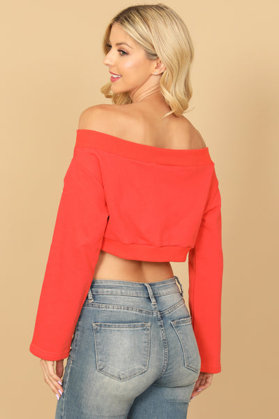 OFF SHOULDER LONG SLEEVE SOLID CROP TOP 2-2-1