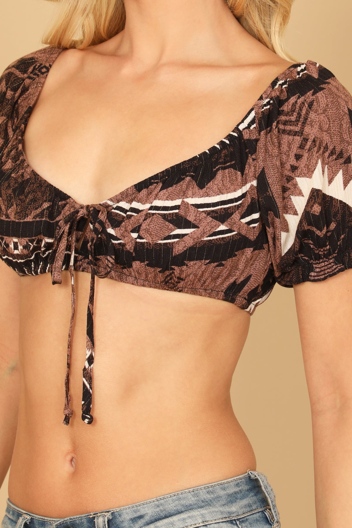 BROWN BLACK PUFF SLEEVE BRALETTE TIE PRINTED TOP 2-2-1