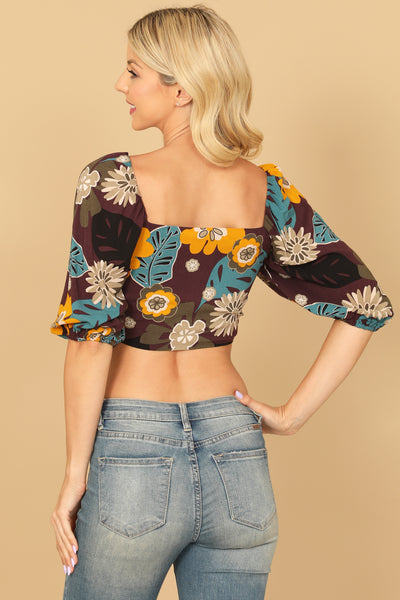 PURPLE YELLOW PUFF SLEEVE KNOT DETAIL PRINTED BRALLETE TOP 2-2-1