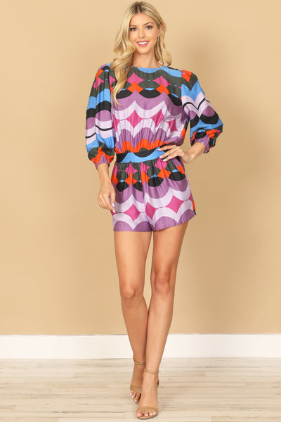 PURPLE MULTI SCALLOP PRINT PUFF SLEEVE BACKLESS ROMPER 2-2-1