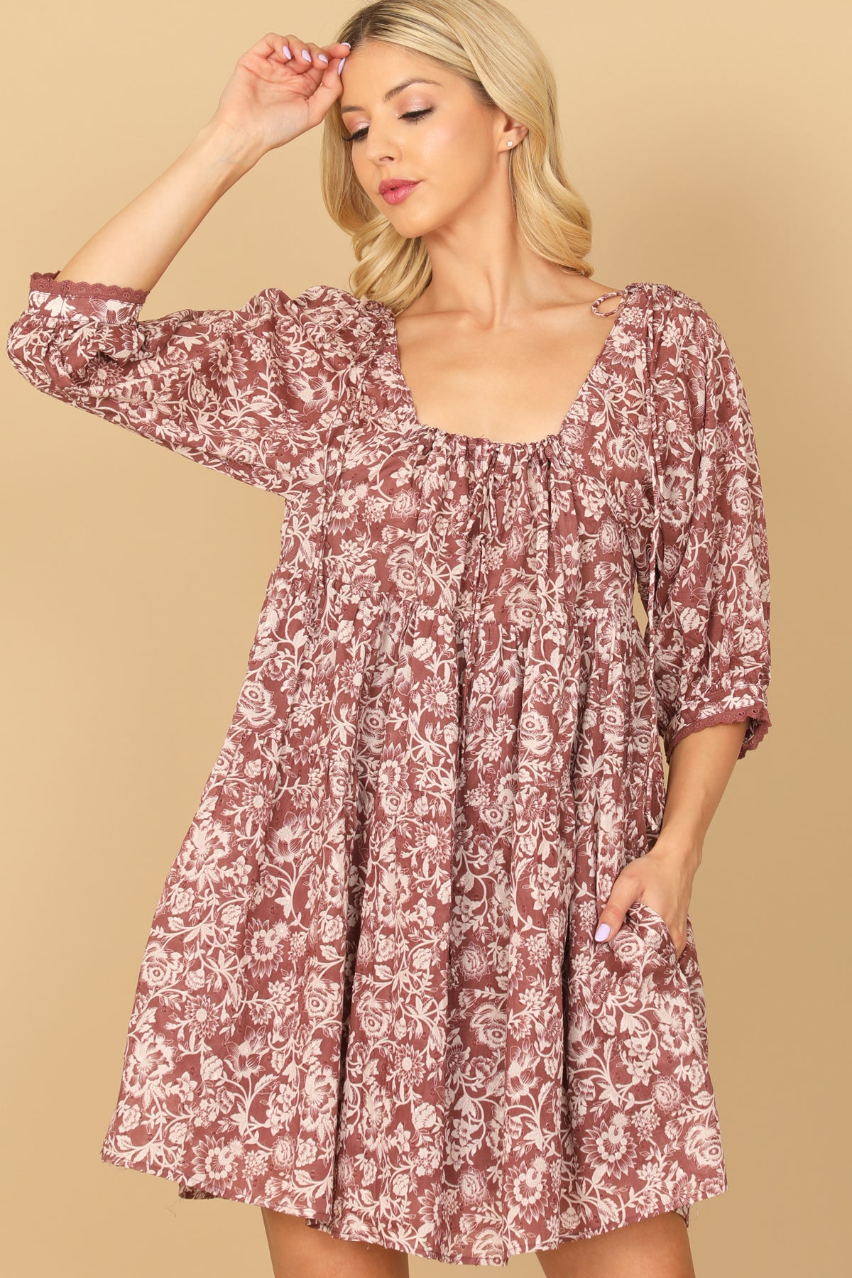 MAUVE CREAM PUFF SLEEVE BABYDOLL PRINTED MINI DRESS 2-2-1