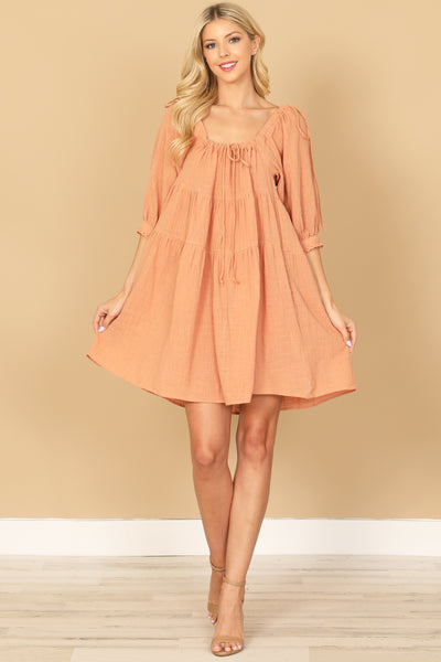 SALMON PUFF SLEEVE TIERED BABYDOLL MINI DRESS 2-2-1