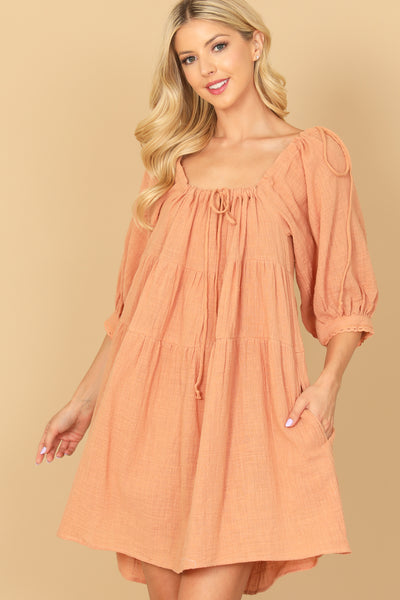 SALMON PUFF SLEEVE TIERED BABYDOLL MINI DRESS 2-2-1