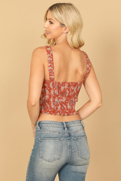 RUST D. BLUE SHIRRED RUFFLE PRINTED CROP TOP 2-2-1