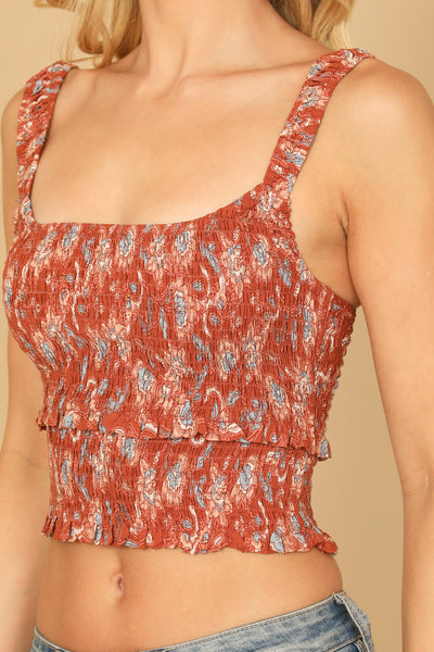 RUST D. BLUE SHIRRED RUFFLE PRINTED CROP TOP 2-2-1