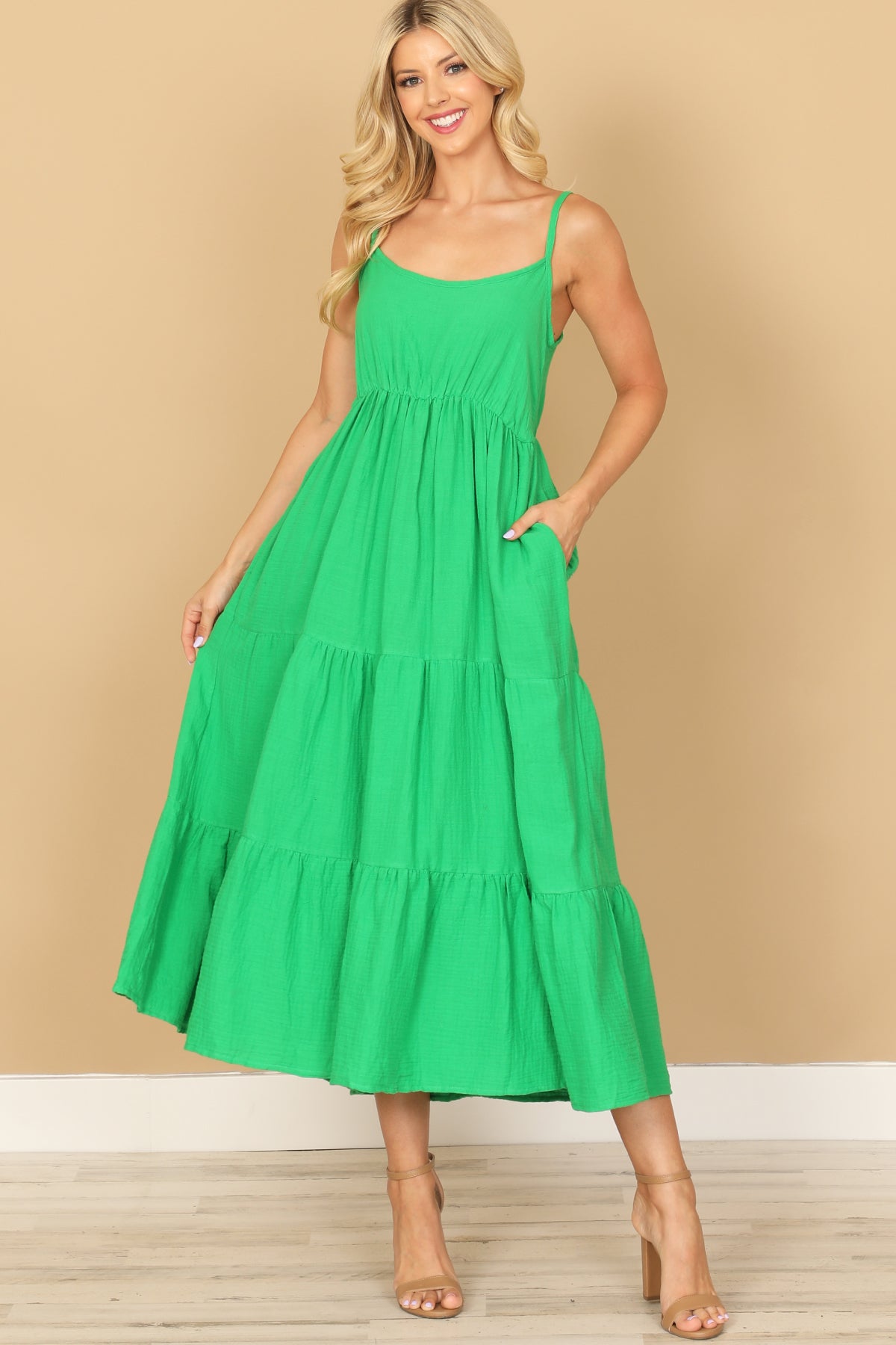 SPAGHETTI STRAP TIERED SOLID DRESS 2-2-1