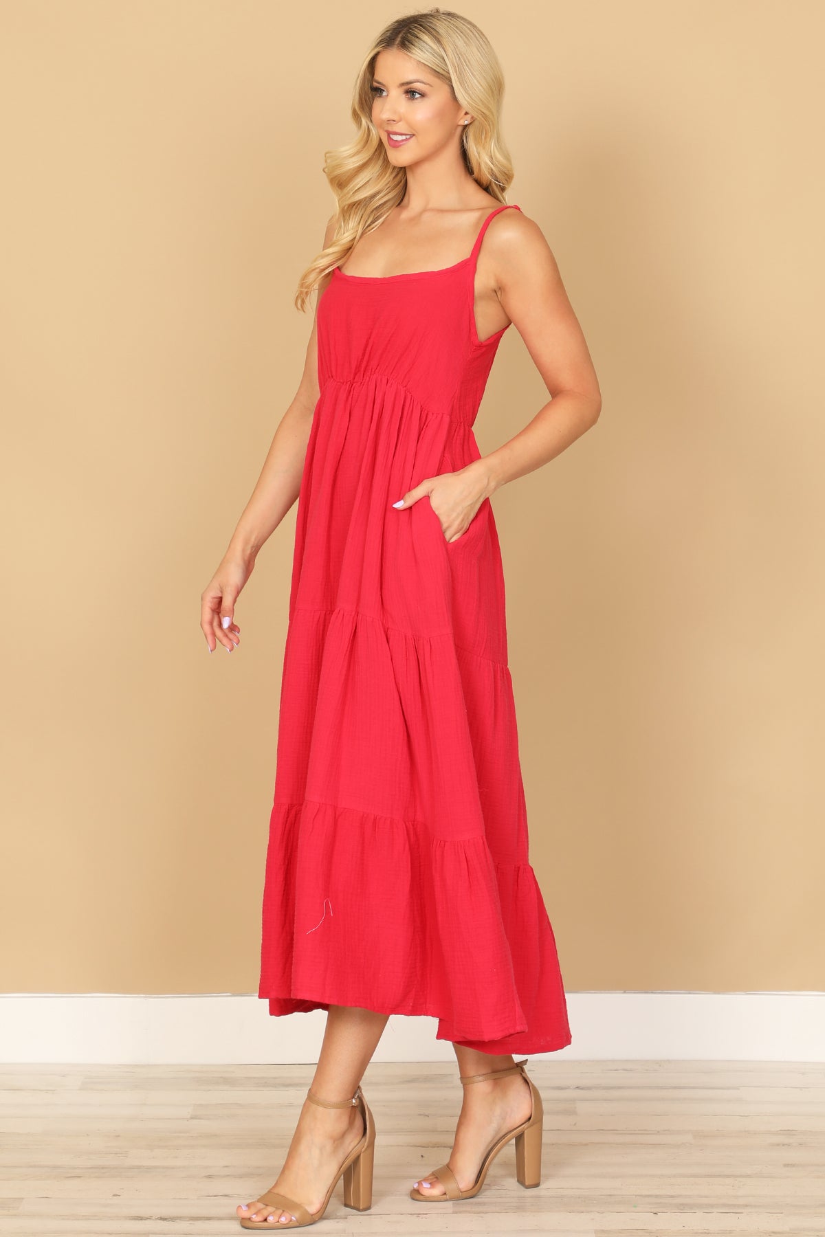 SPAGHETTI STRAP TIERED SOLID DRESS 2-2-1