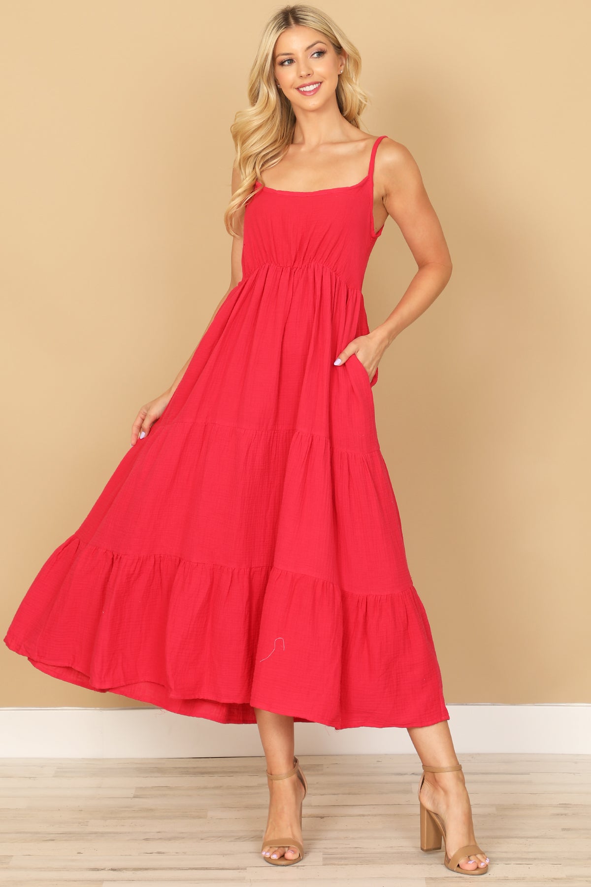 SPAGHETTI STRAP TIERED SOLID DRESS 2-2-1