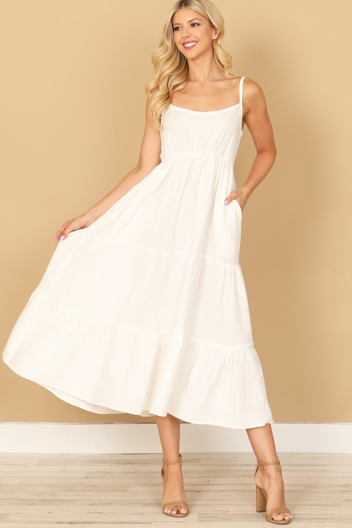 SPAGHETTI STRAP TIERED SOLID DRESS 2-2-1