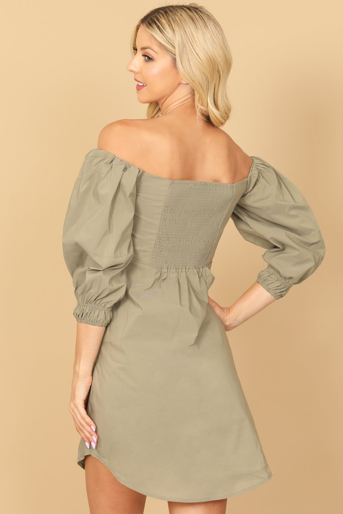 OFF SHOULDER RUCHED FRONT CURVE HEM SOLID MINI DRESS 2-2-1