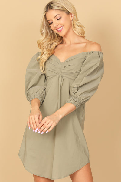 OFF SHOULDER RUCHED FRONT CURVE HEM SOLID MINI DRESS 2-2-1