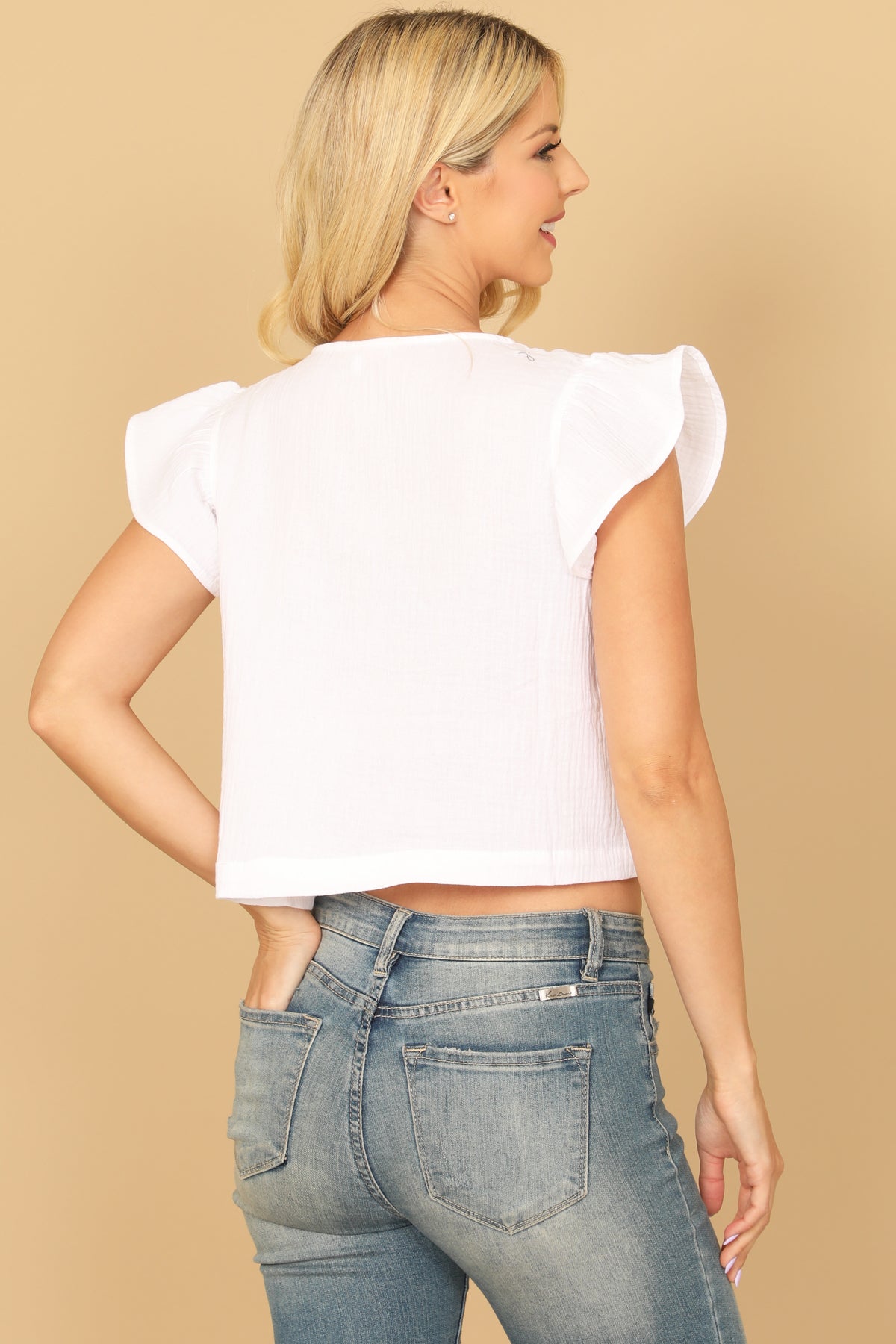 RUFFLE SLEEVE V-NECK HANGING CROP TOP 2-2-1