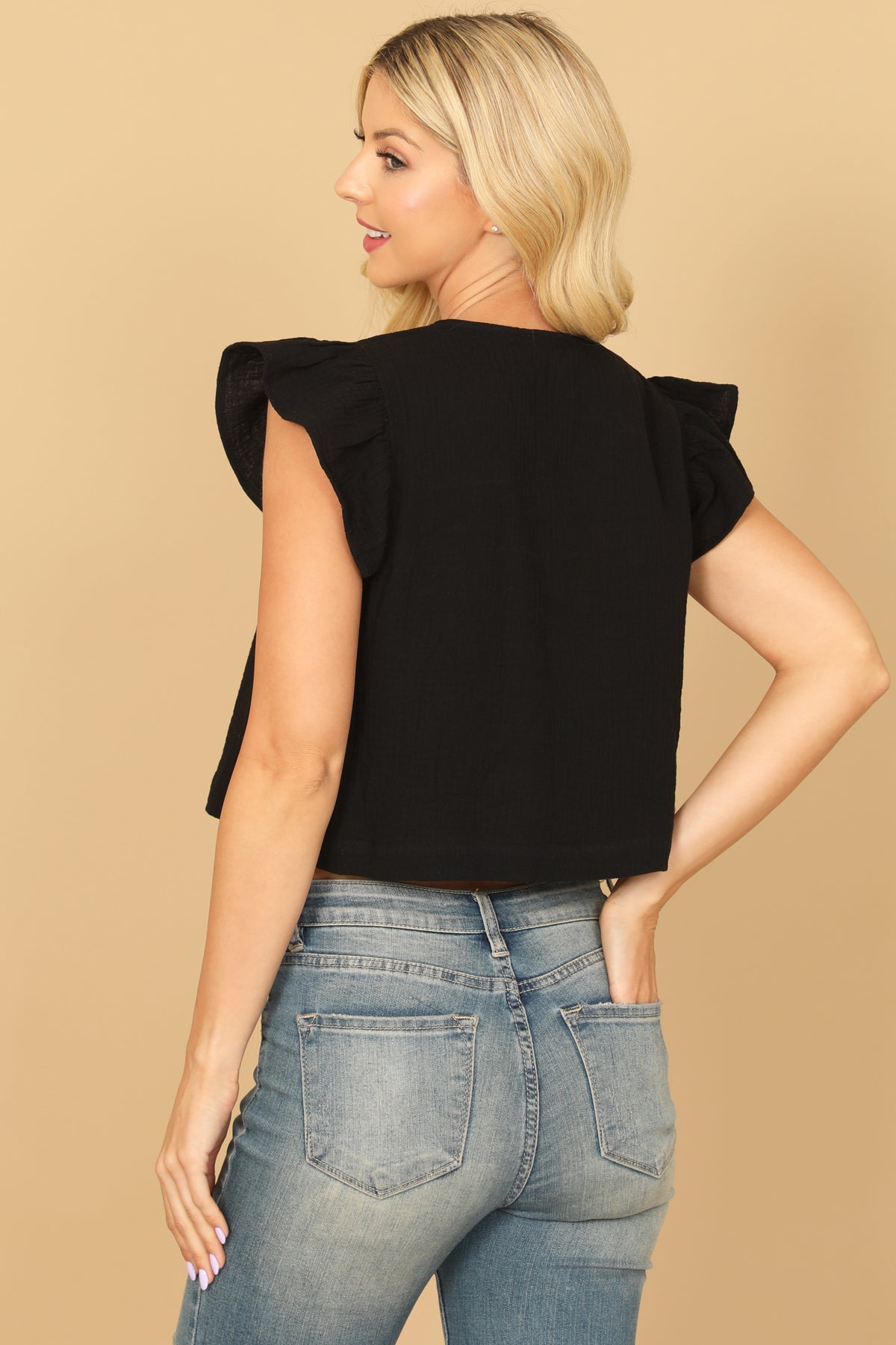 RUFFLE SLEEVE V-NECK HANGING CROP TOP 2-2-1