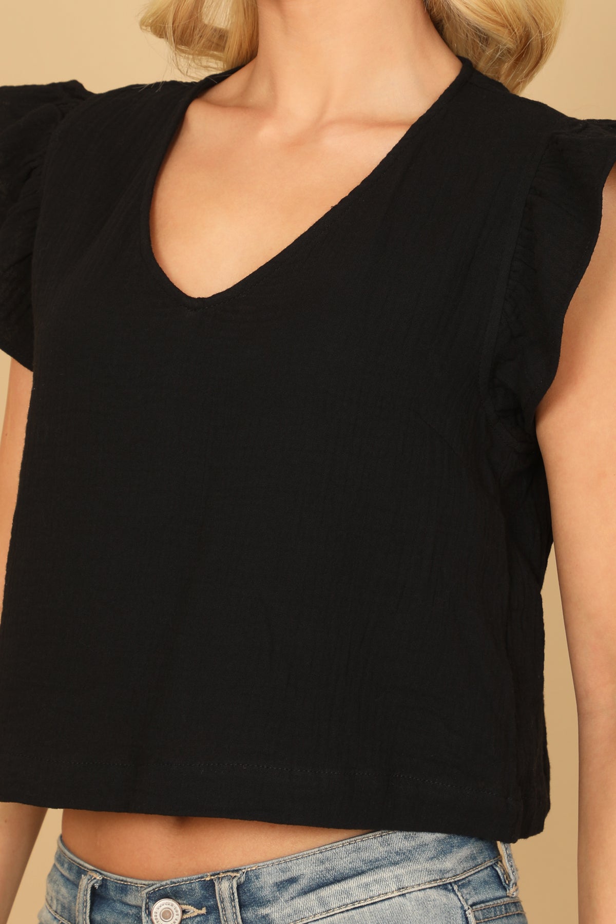 RUFFLE SLEEVE V-NECK HANGING CROP TOP 2-2-1