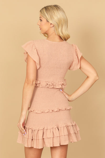 RUFFLE DETAIL SHIRRING MINI DRESS 2-2-1