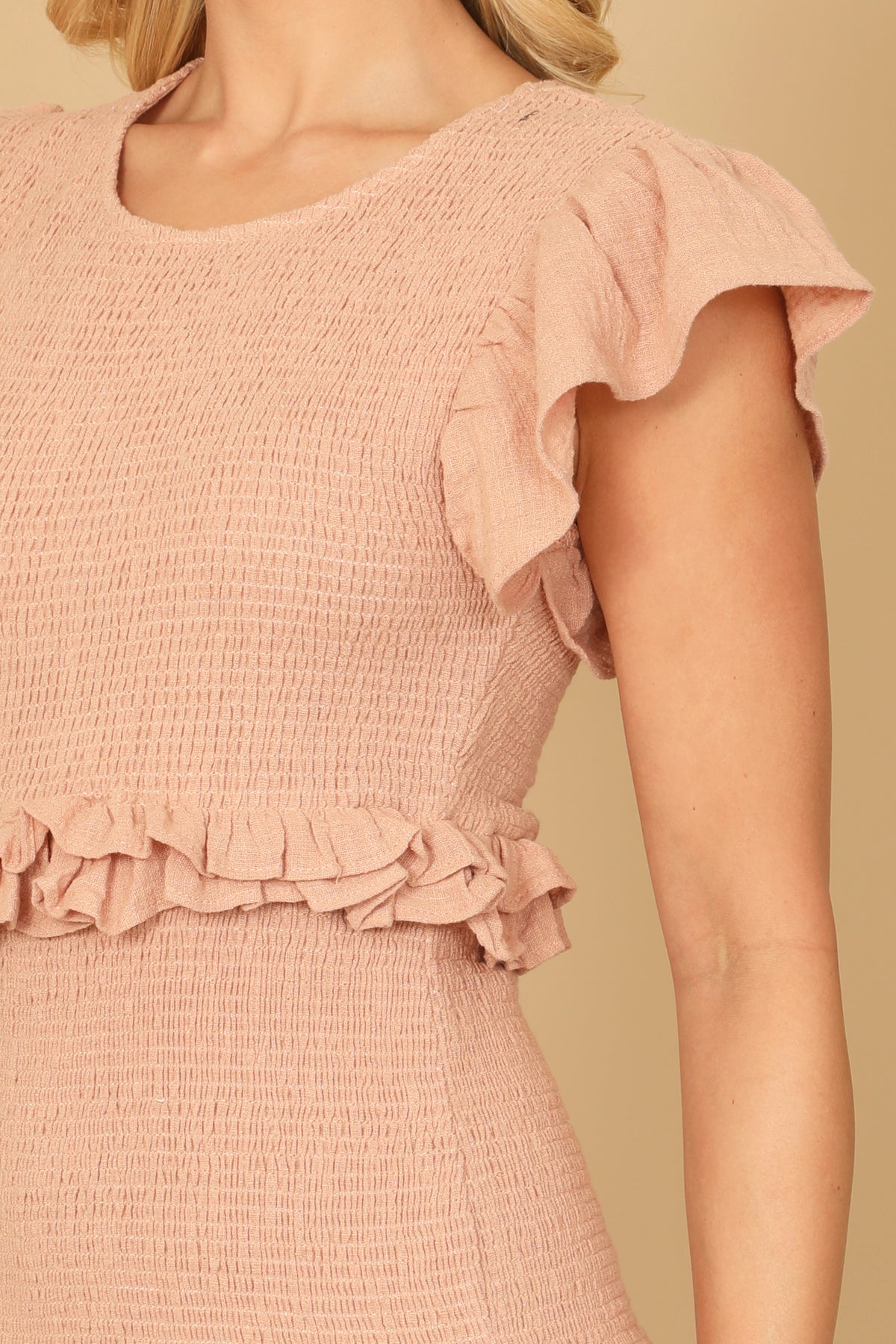 RUFFLE DETAIL SHIRRING MINI DRESS 2-2-1