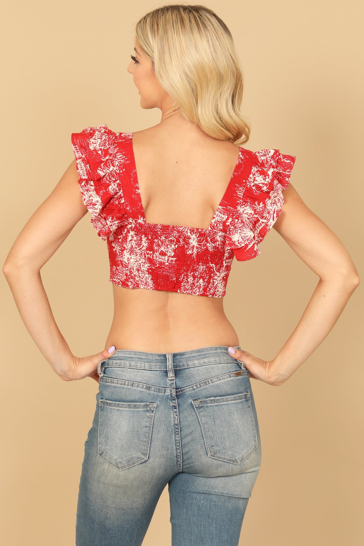 RED RUFFLE SLEEVE BUTTON DETAIL PRINTED CROP TOP 2-2-1