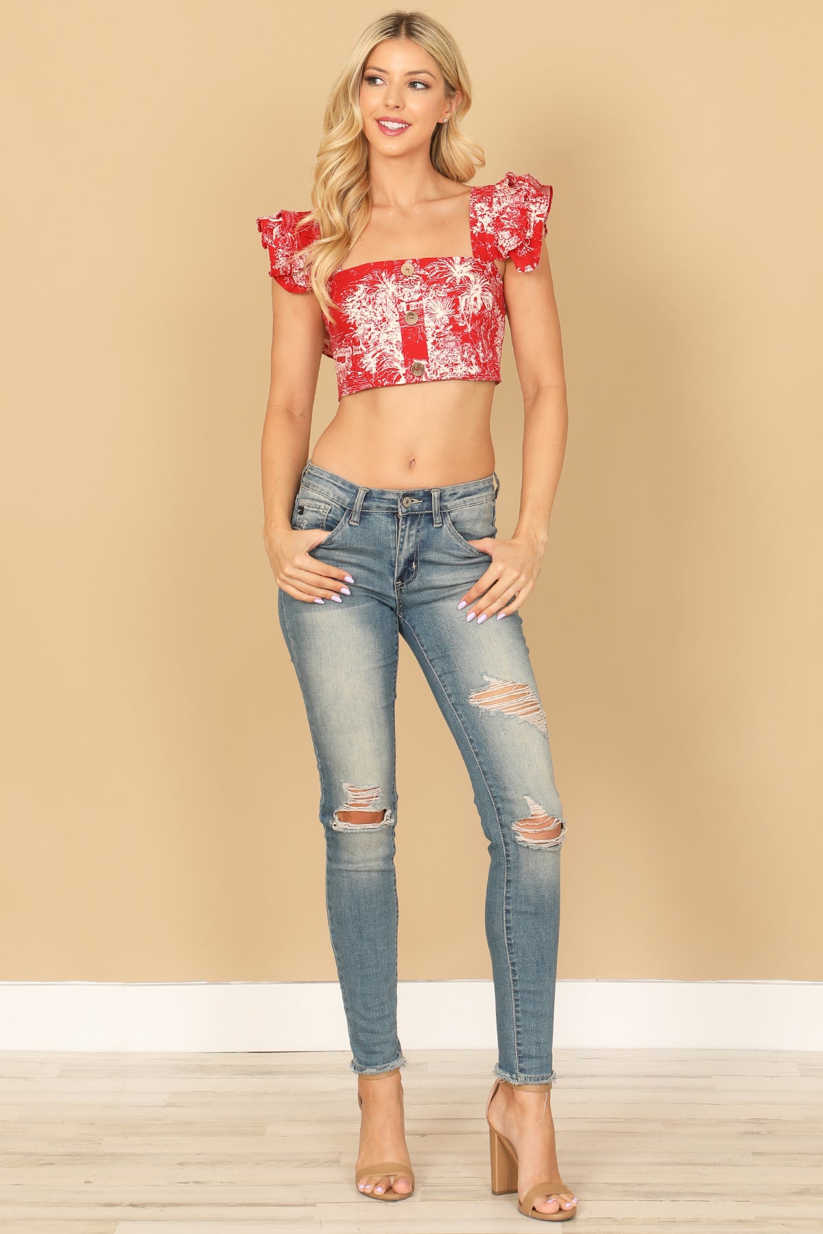 RED RUFFLE SLEEVE BUTTON DETAIL PRINTED CROP TOP 2-2-1