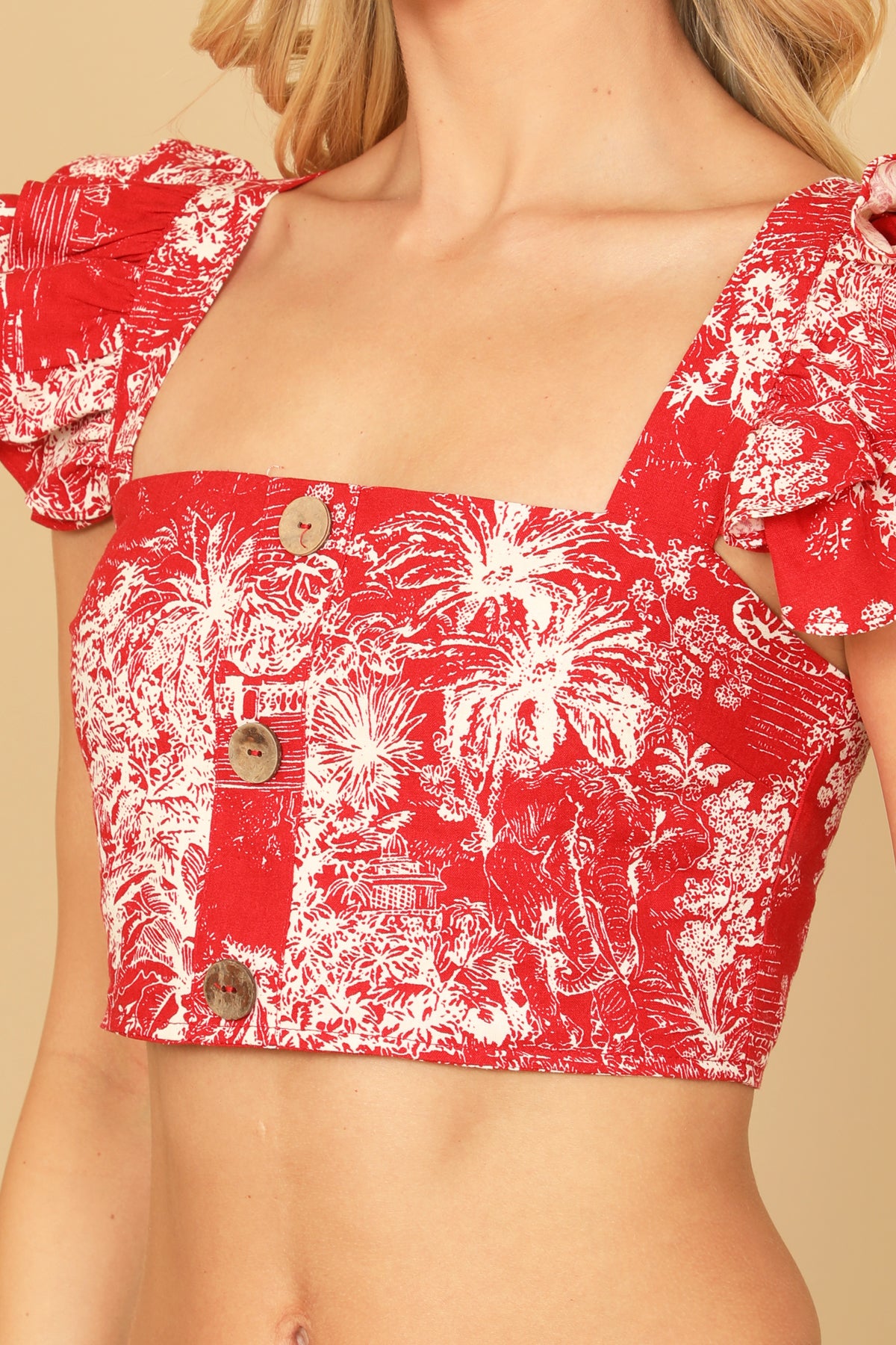 RED RUFFLE SLEEVE BUTTON DETAIL PRINTED CROP TOP 2-2-1