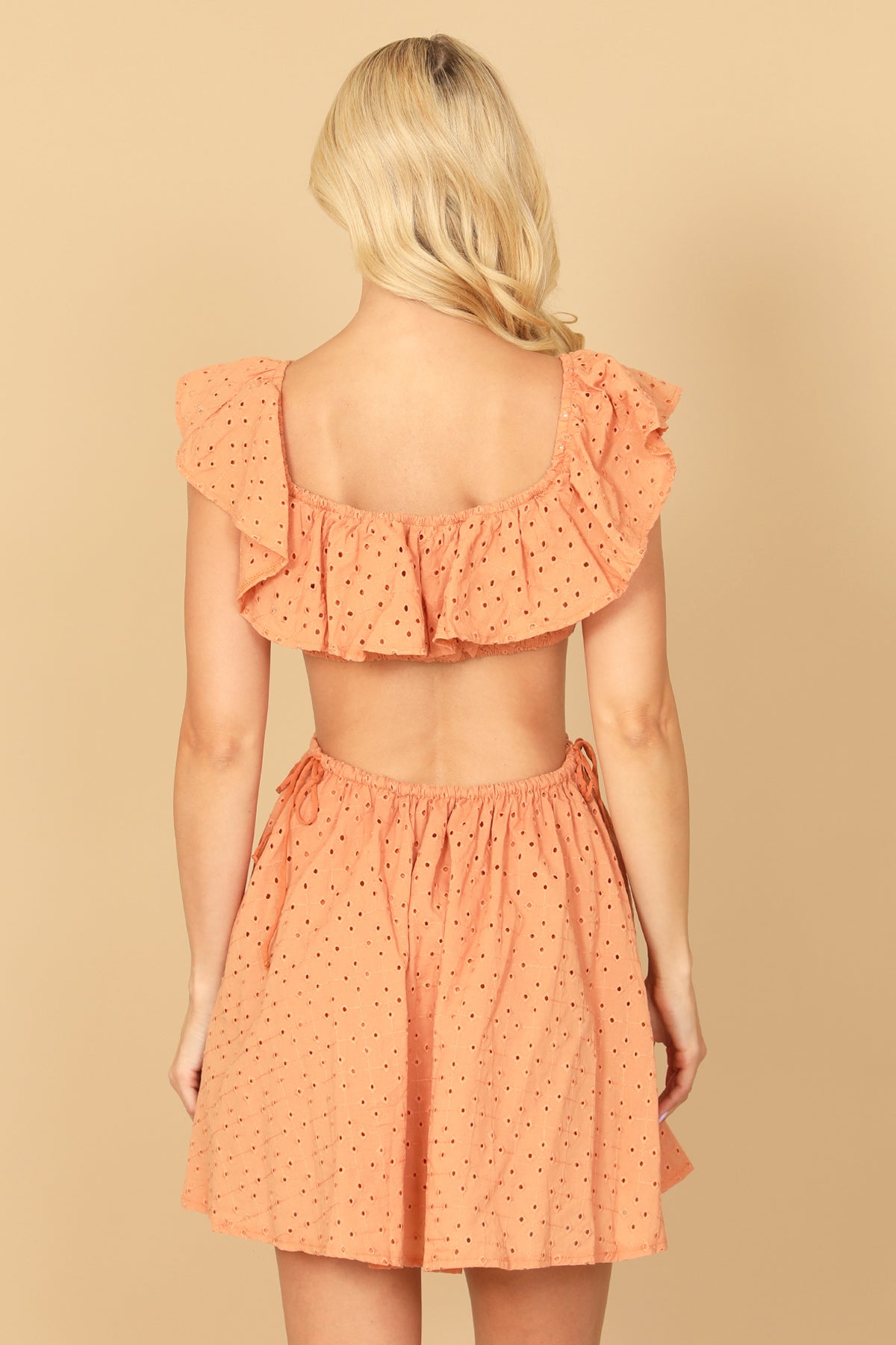 PEACH DEEP NECK RUFFLE DETAIL SIDE CUT-OUT EYELET MINI DRESS 2-2-1