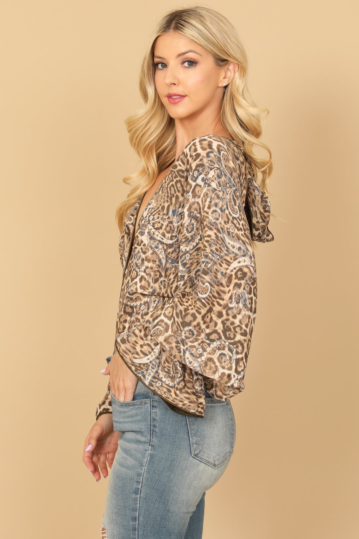 MOCHA OLIVE DEEP NECK FLOUNCE SLEEVE RIBBON BACK LEOPARD BODYSUIT 2-2-1